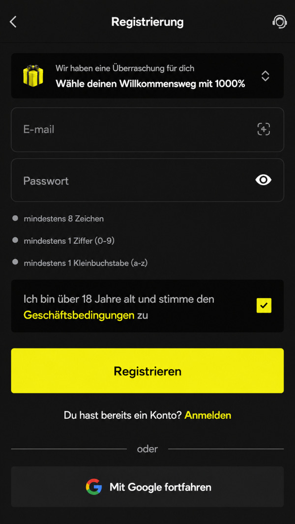 Parimatch Registration Menu
